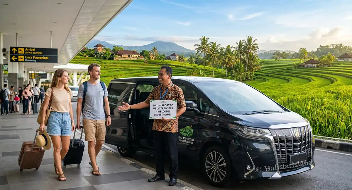 Friendly Balinese driver welcoming tourists at Ngurah Rai Airport for a private transfer to Ubud with scenic rice terraces in the background.