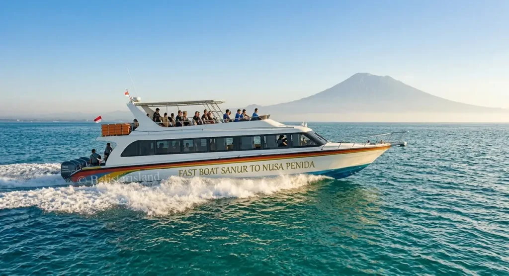 Fast boat cruising from Sanur to Nusa Penida on blue ocean water with Mount Agung in the background