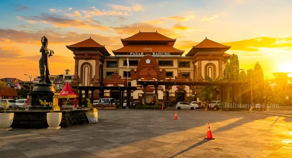 Exterior view of Badung Traditional Market showcasing elegant red-brick Balinese architectural design.