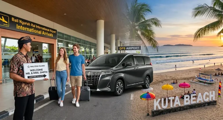 Private driver greeting tourists for a Bali Airport to Kuta transfer service at sunset.