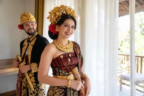 Couple dressed in traditional Balinese costumes posing indoors near a window