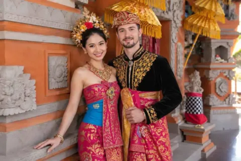 Couple wearing traditional Balinese costumes and gold headdresses posing against an ornate temple wall