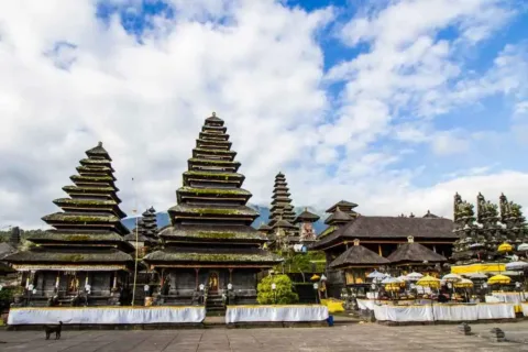 Sacred meru shrines and traditional temple pavilions at Besakih Temple in Bali.