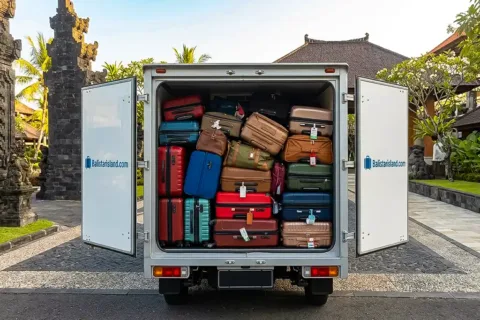 Rear open view of Luggage Van Bali showcasing large storage capacity for bulky bags and suitcases.