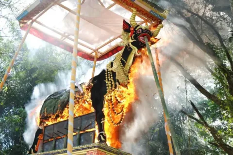 Traditional Balinese cremation effigy burning during the Ngaben ceremony