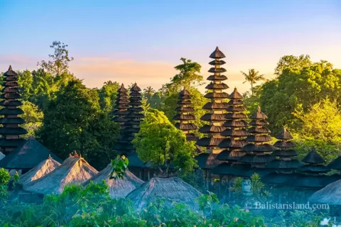 Panoramic view of Taman Ayun Temple grounds captured from the wooden observation tower in the early morning.