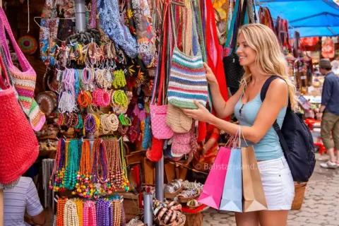 Stalls filled with colorful handmade souvenirs, paintings, and traditional crafts at Ubud Art Market Bali.