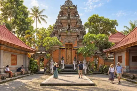 International visitors exploring the historic Ubud Palace courtyard