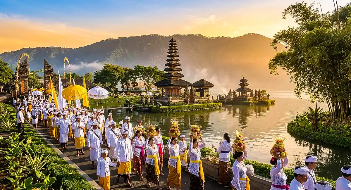 Bali Island location archive featured image showing a traditional sunrise ceremony at Ulun Danu Beratan Temple