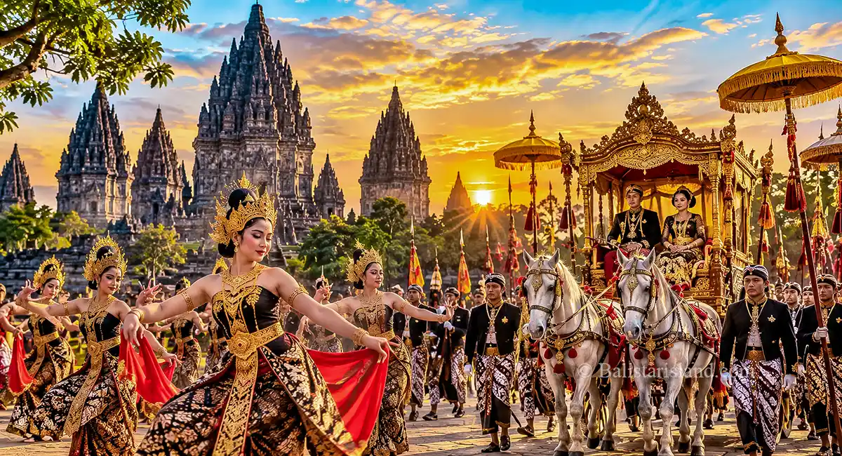 Central Java Travel Guide featuring Prambanan Temple, Javanese dance, royal carriage, and cultural tourism