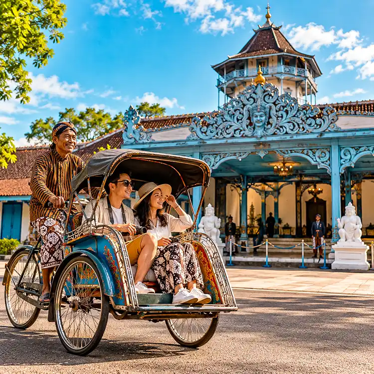 Central Java Travel Guide featuring Javanese Cultures, a traditional becak, and Keraton Solo