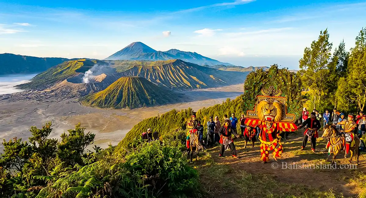 East Java location archive featured image with Mount Bromo and a traditional Reog Ponorogo cultural performance in the morning