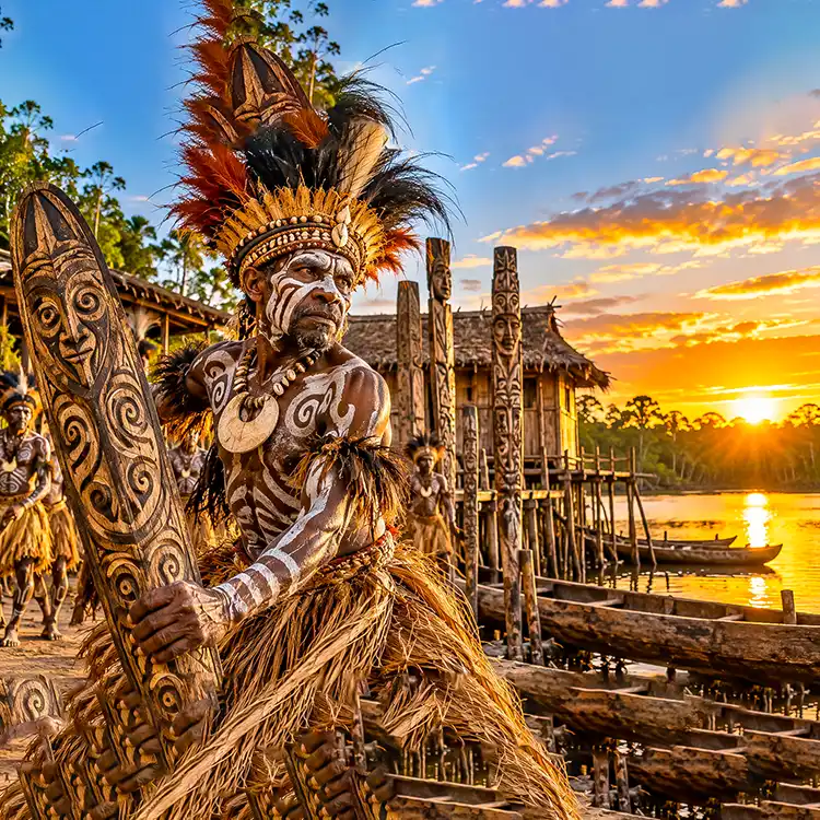 West Papua Travel Guide featuring an Asmat cultural performer and traditional carved wood art