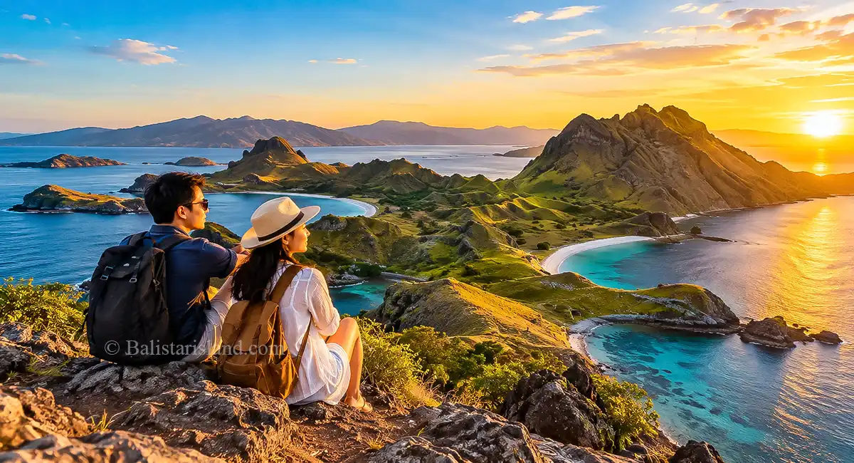 Flores Packages featuring Asian travelers enjoying the sunset view from Padar Island