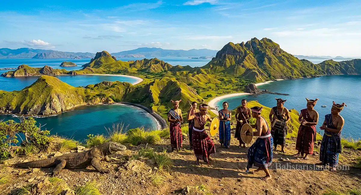 Flores Island location archive featured image with the iconic view of Padar Island, a Komodo dragon, and locals in traditional attire performing a dance