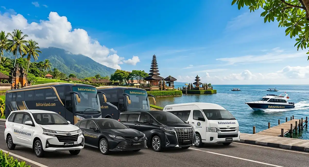 Balistarisland.com fleet lineup including MPV, luxury Camry sedan, Alphard, HiAce van, tour buses, and fast boat with scenic Bali background