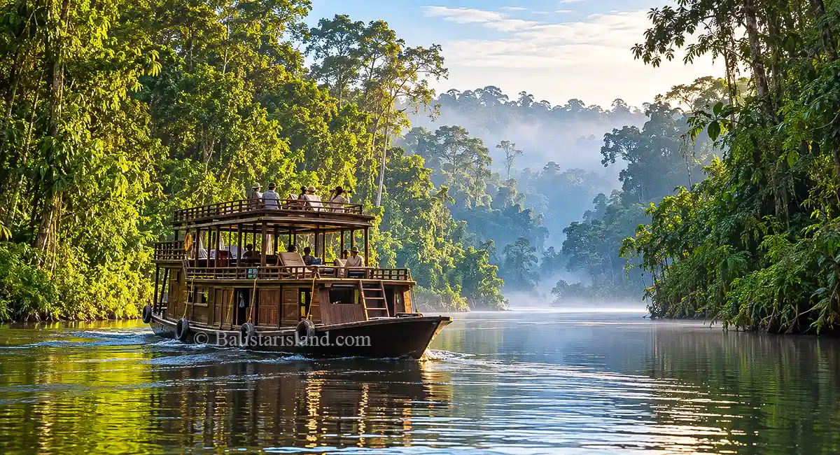 Kalimantan Packages featuring a traditional riverboat cruising through the Borneo rainforest