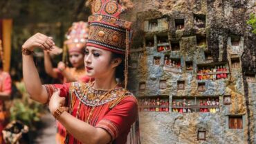 Torajan traditional culture and historic cliff burial site with tau tau figures