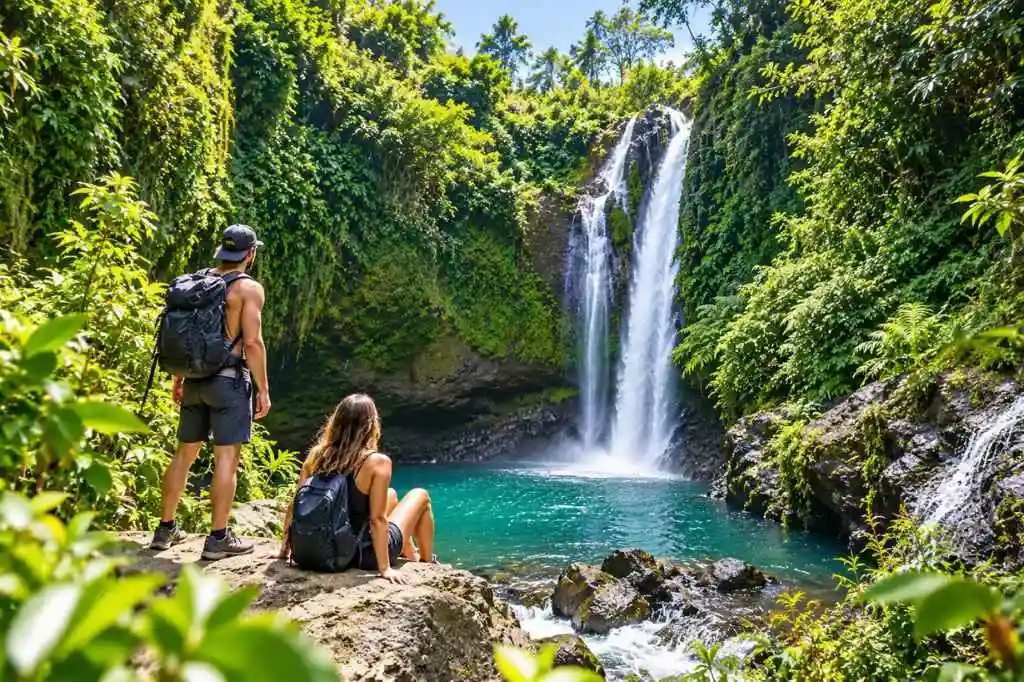 Sambangan Waterfall Tour with a tropical waterfall and turquoise natural pool surrounded by lush rainforest in North Bali