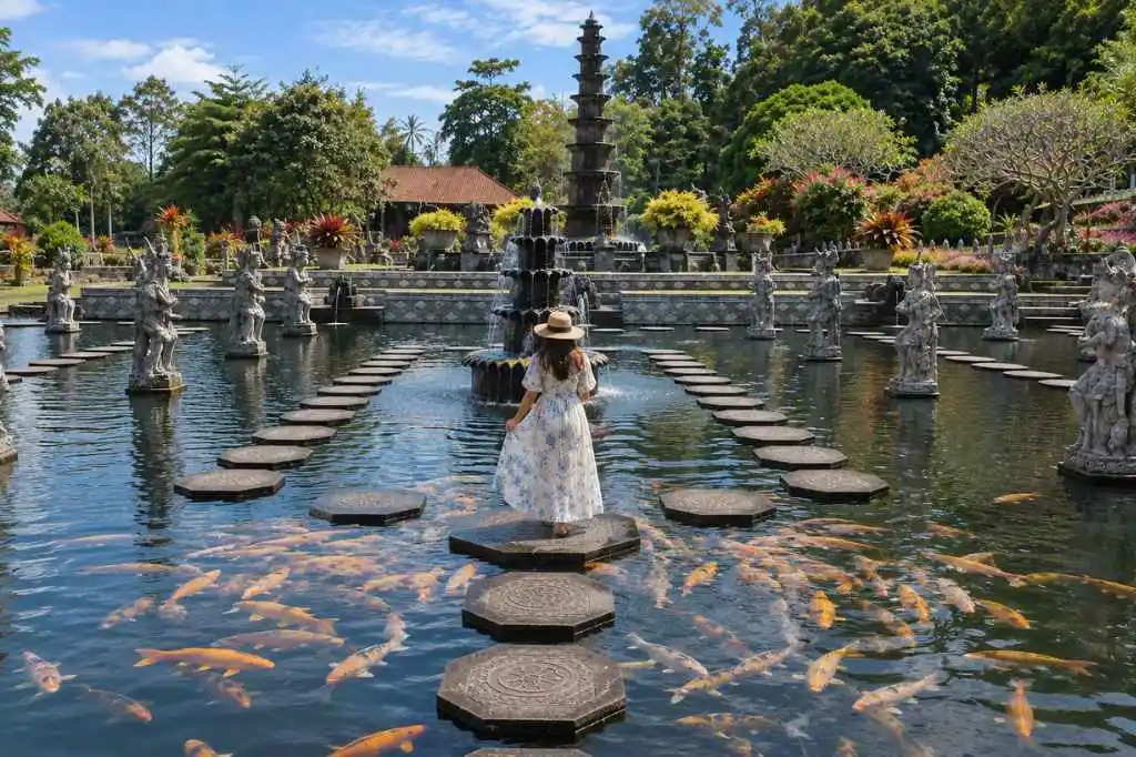 Traveler exploring Tirta Gangga Water Palace among koi ponds and stone statues
