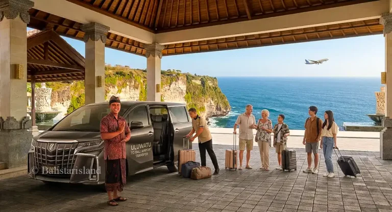 Uluwatu to Bali Airport transfer service vehicle picking up guests from cliffside resort.