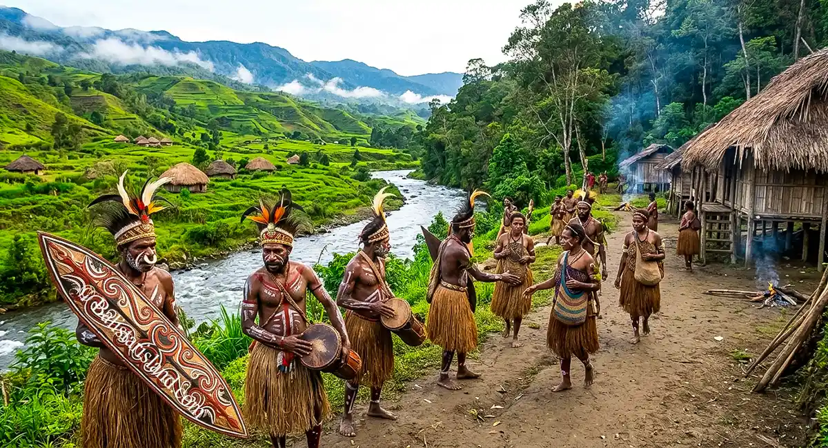 West Papua location archive featured image showing Baliem Valley landscape, winding river, and traditional Asmat tribe ceremony