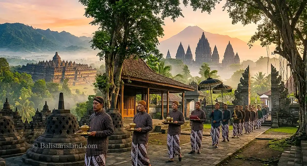 Yogyakarta location archive featured image with Abdi Dalem Kraton walking in a procession with Candi Borobudur and Prambanan in the sunrise background