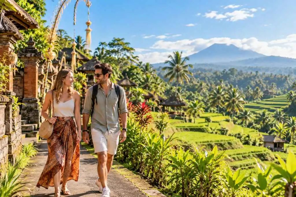 Couple exploring a traditional Balinese village during a Bali 4 Night Holiday Package