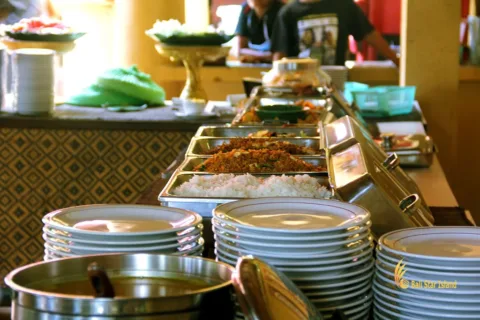 Buffet lunch served at a restaurant after an Ayung River Rafting trip in Ubud, Bali