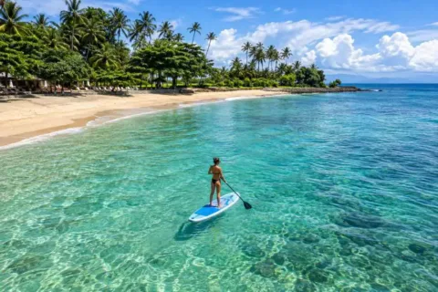 Tourist paddleboarding in clear turquoise water on a tropical island in Indonesia