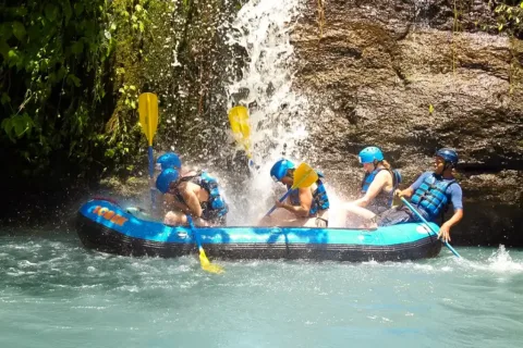 Sobek Bali Rafting participants enjoying the Ayung River waterfall