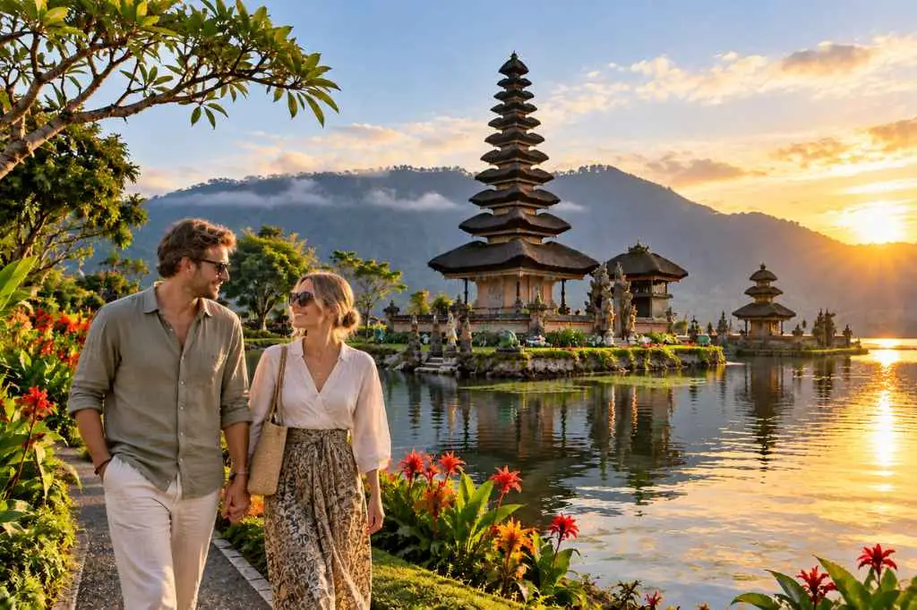 Couple visiting Ulun Danu Beratan Temple during the Bali 9 Night Deluxe Package