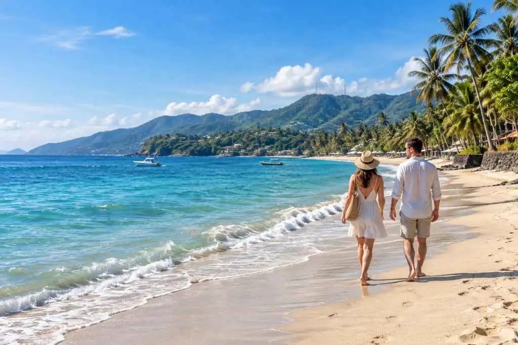 Couple walking along a tropical beach during the Bali Lombok 9 Days Package