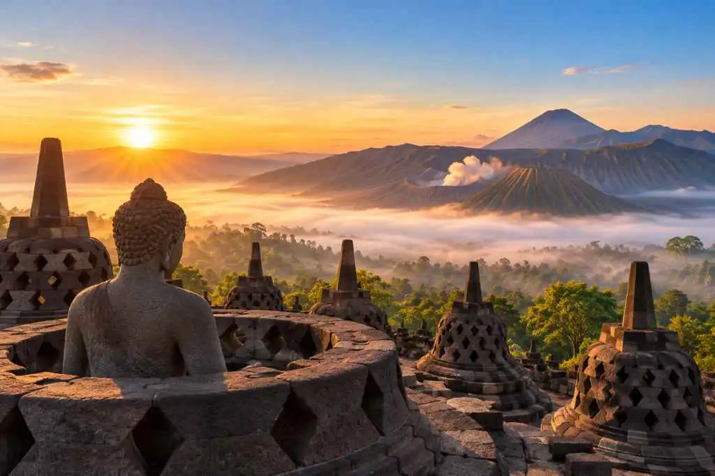 4 Day Borobudur and Bromo Tour featuring Borobudur Temple stupas and Mount Bromo at sunrise