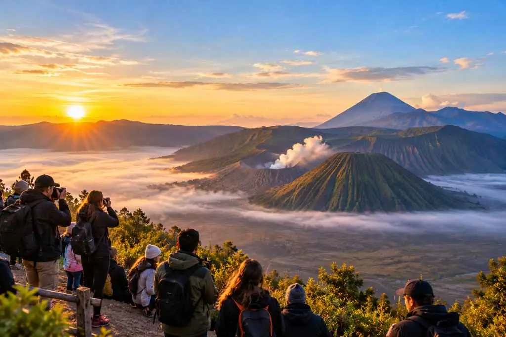 3 Day Borobudur Bromo Tour featuring tourists watching sunrise over Mount Bromo and its mist-covered volcanic caldera