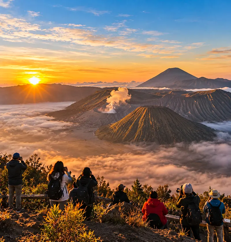 East Java Top Tourist Destinations featuring Mount Bromo at sunrise above the sea of clouds