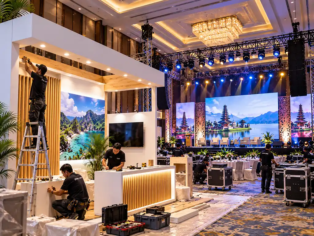 Event production and equipment rental in Bali, with workers building an exhibition booth beside a stage with backdrop, lighting, and AV equipment.