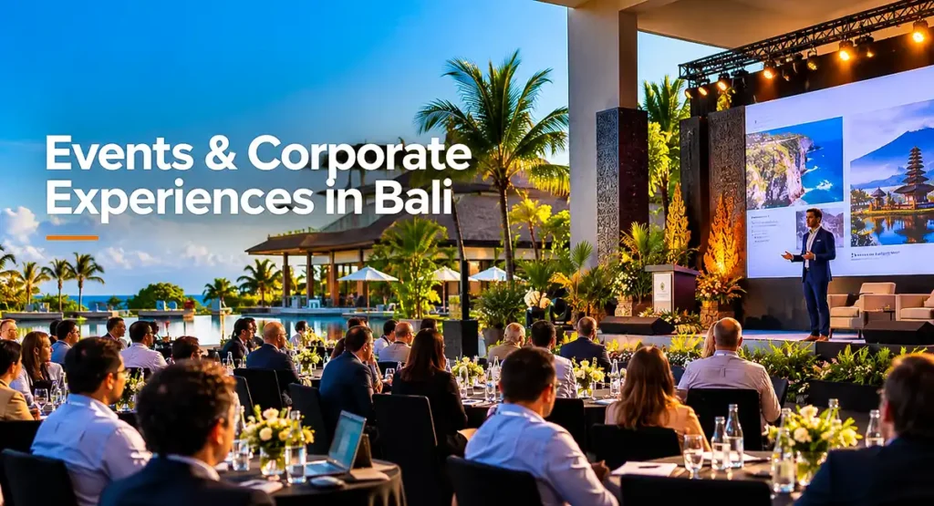 Corporate event in Bali featuring a conference stage, professional presentation, and business attendees at a luxury resort.