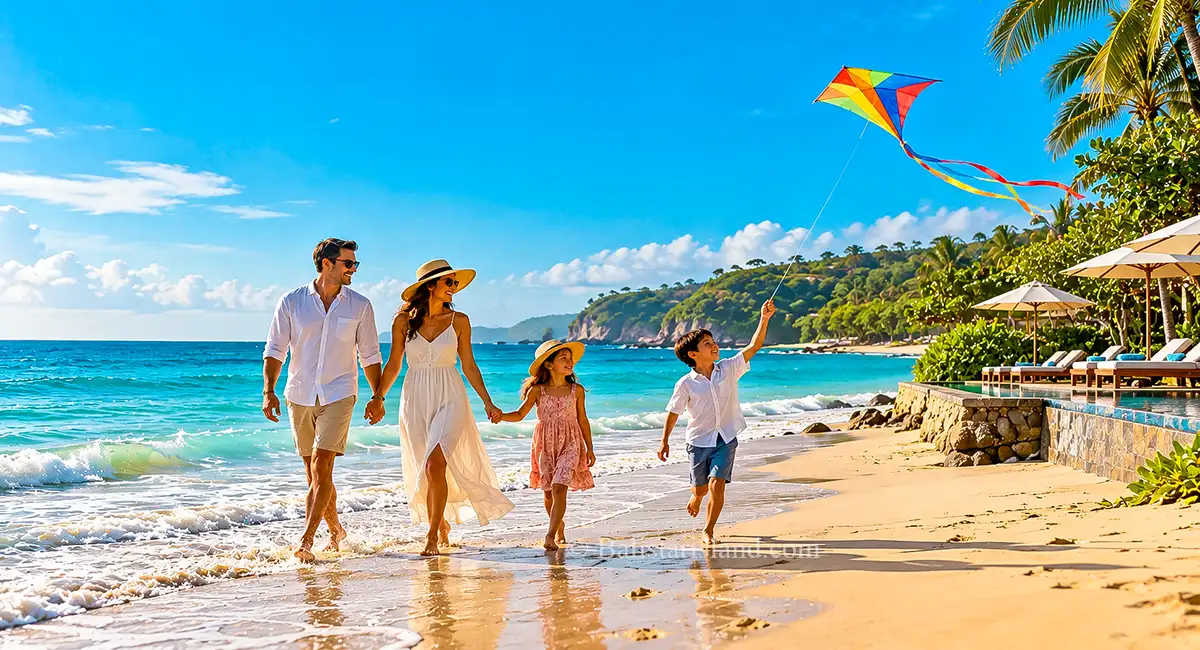 Family enjoying a tropical beach holiday in Bali, Indonesia, with two children flying a kite