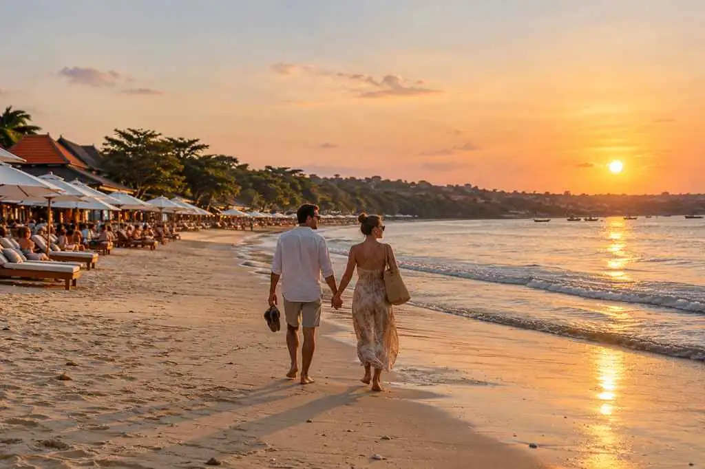 Couple enjoying a romantic sunset walk along Jimbaran Beach in Bali