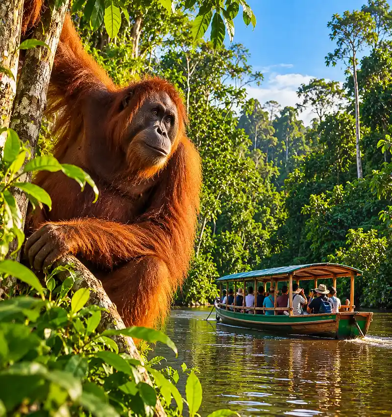 Kalimantan Tours featuring an orangutan and river boat in Borneo rainforest