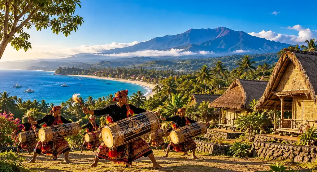 Lombok Tourist Attractions featuring Gili Islands, traditional Gendang Beleq performers, Sasak houses, and Mount Rinjani