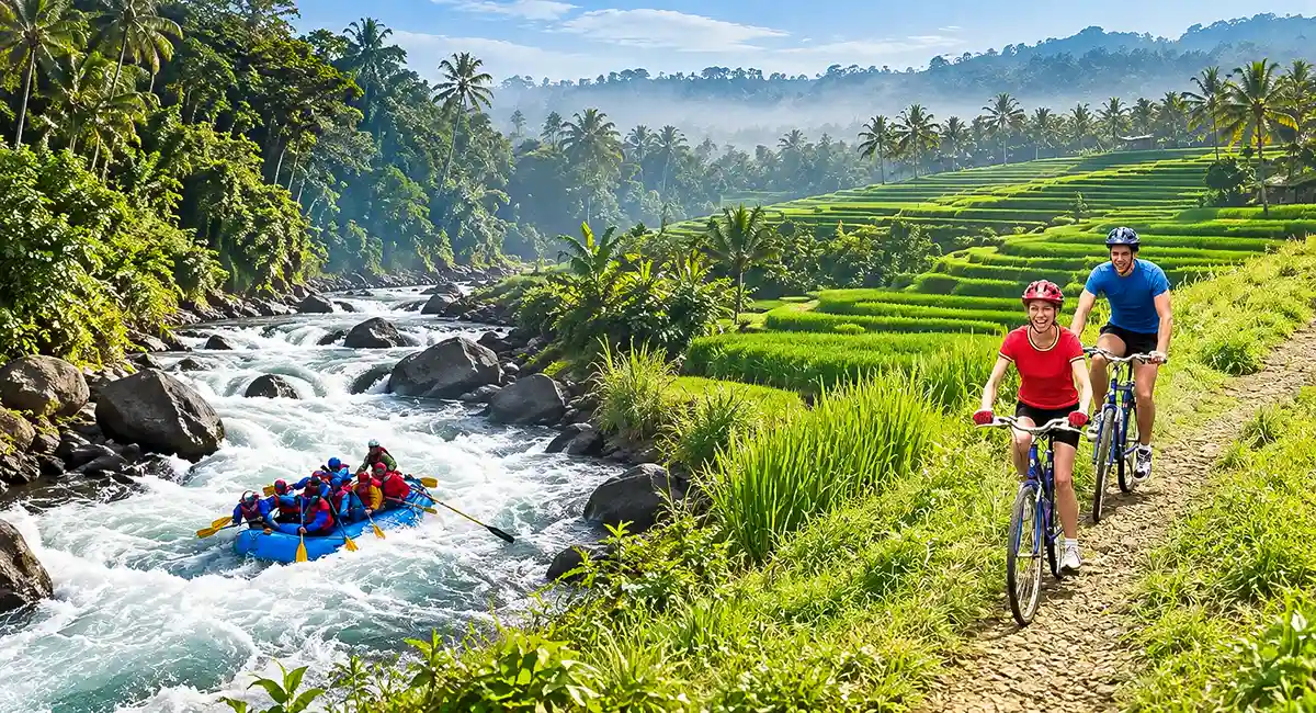 Sobek rafting on a river and cyclists riding through green rice terraces in Ubud, Bali