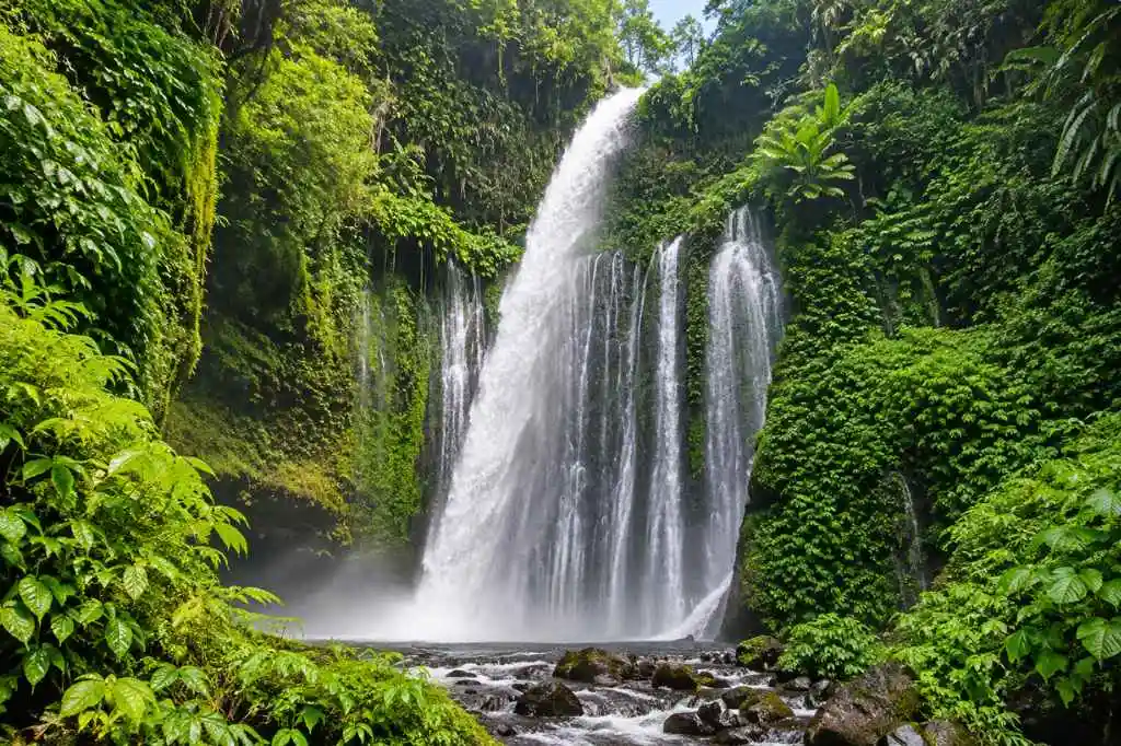 Tiu Kelep Waterfall flowing into a rocky stream surrounded by tropical rainforest